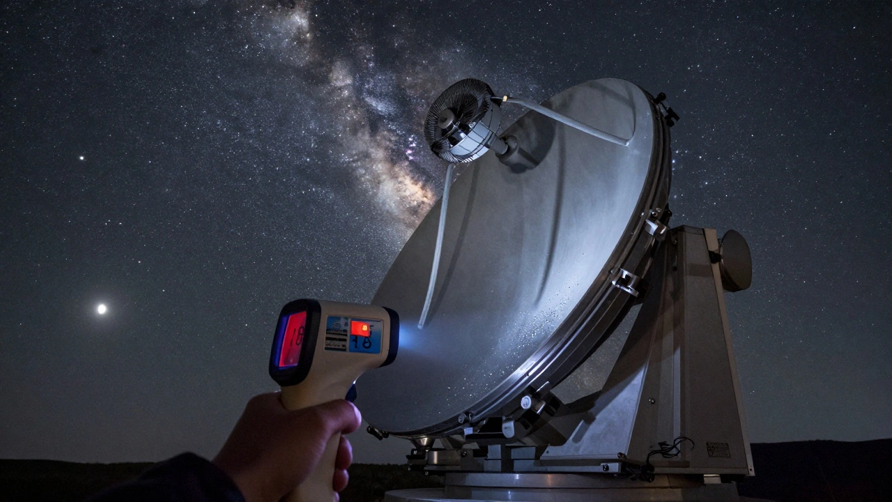 A telescope mirror cooling with a fan, an infrared thermometer showing minimal temperature difference, under a starry sky.