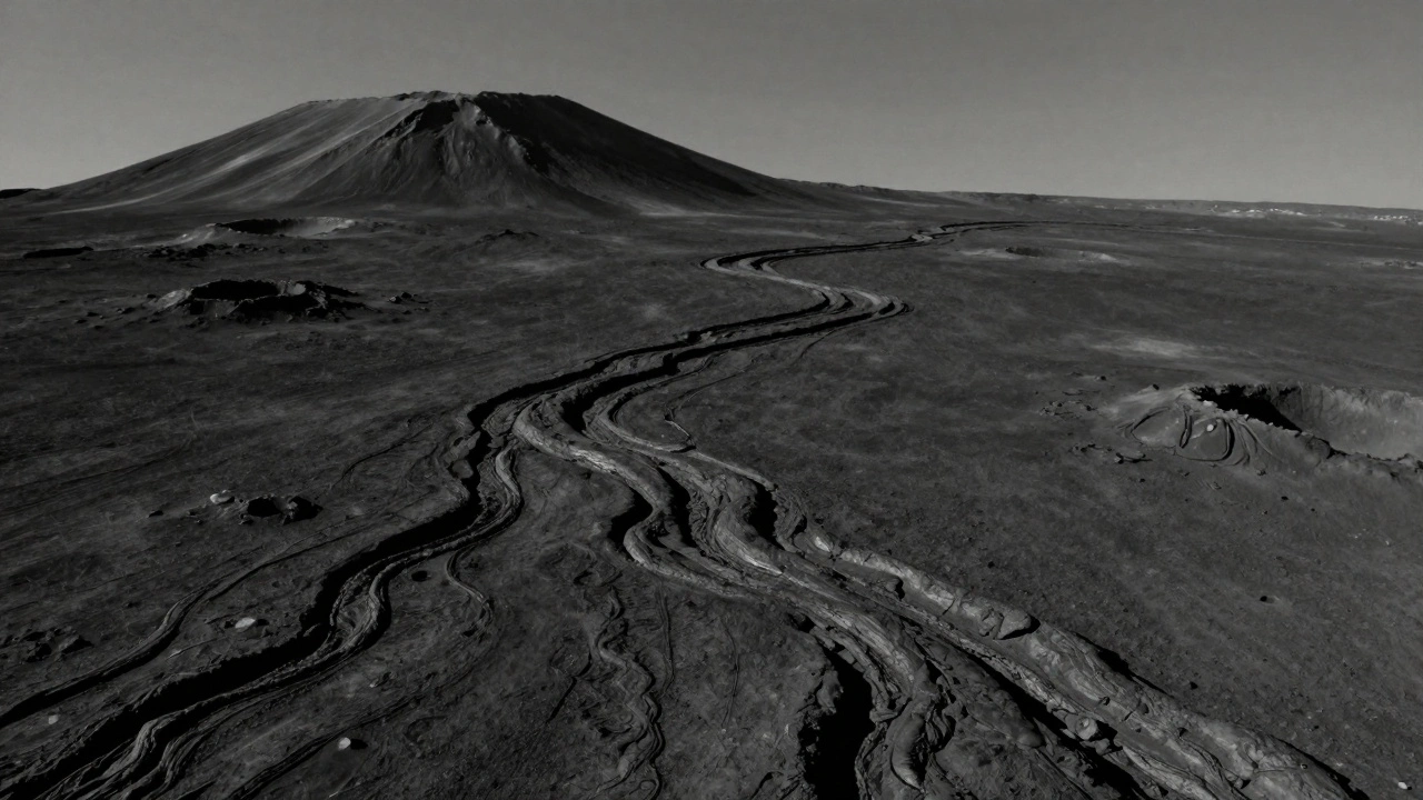 A winding lava channel, or rille, crosses the dark lunar plain with a solitary mountain rising in the background.