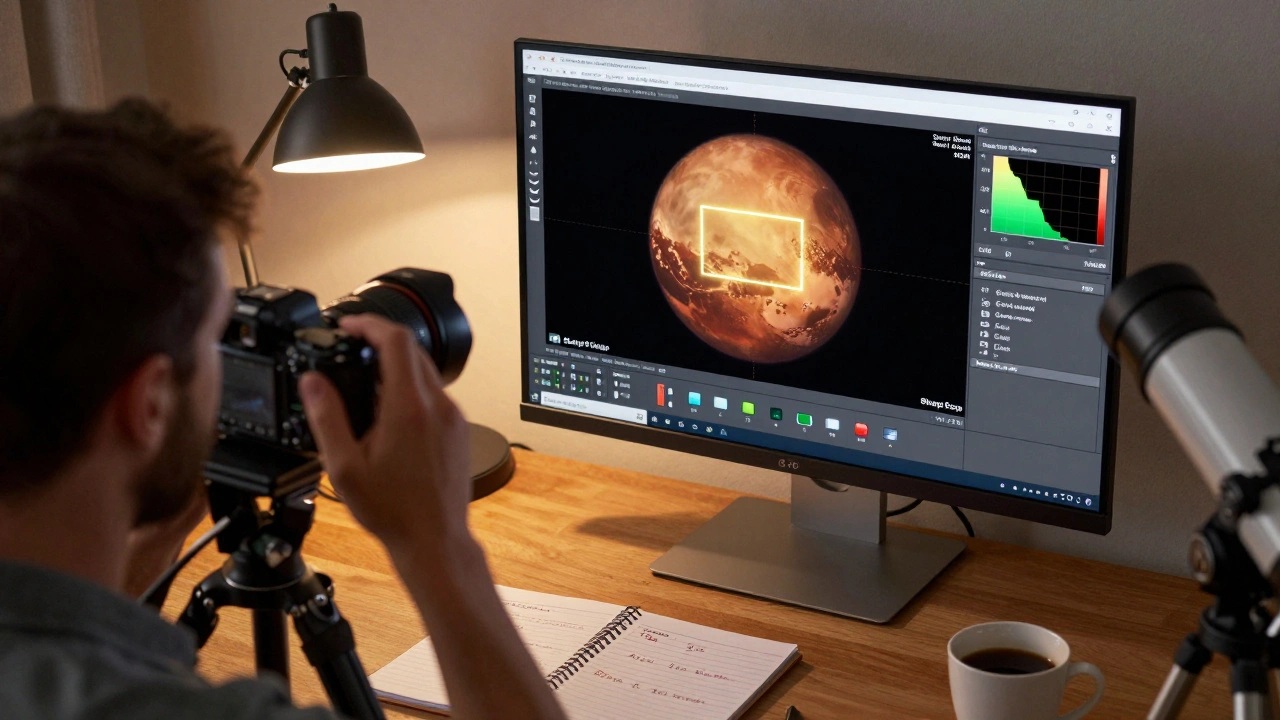 Astronomer adjusting camera settings for Mars imaging, showing ROI box and histogram on software interface.