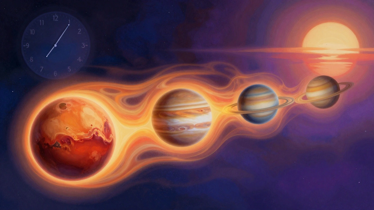 Conceptual art of five planets cooling over time, with heat waves fading and a clock showing hours after sunset.