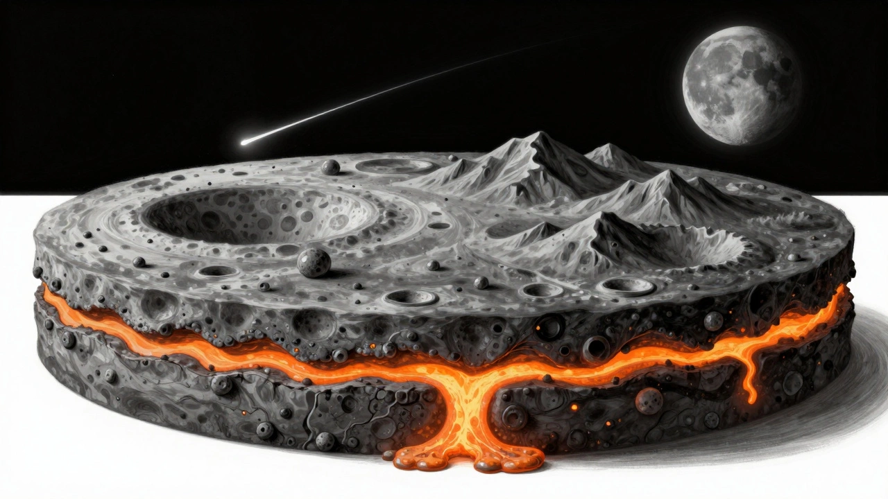Cross-section of the Moon revealing impact basins, lava flows forming maria, and mountain rings from ancient collisions.