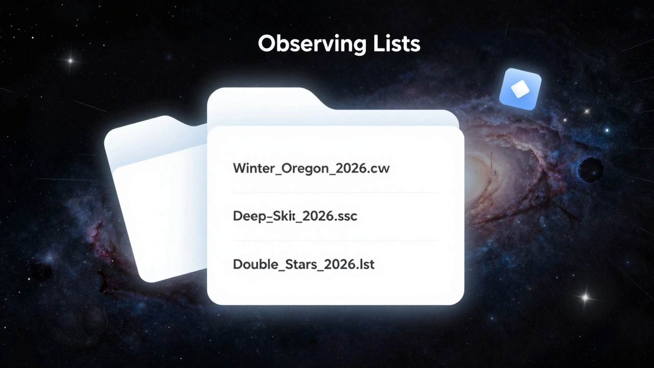 Digital folder with astronomy observing list files floating against a backdrop of galaxies and stars.