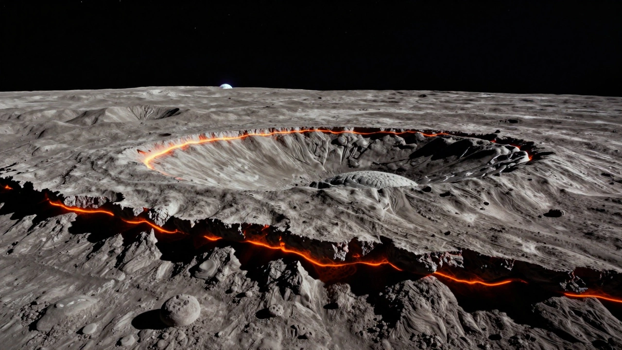 Geological cross-section of the Moon showing impact-formed mountains, flooded lava plains, and underground lava tubes forming rilles.