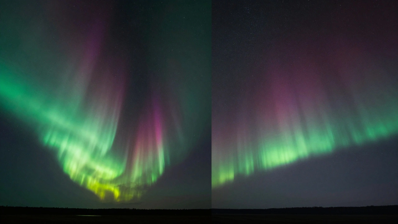 Side-by-side comparison of a dynamic aurora and a still airglow band in the night sky.