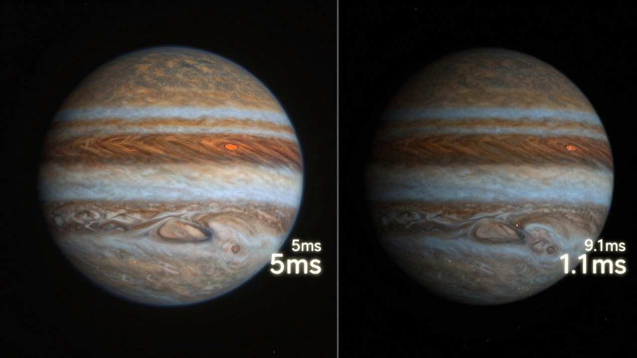Side-by-side comparison of Jupiter video frames: low FPS with clear detail vs high FPS with noisy, dim image.