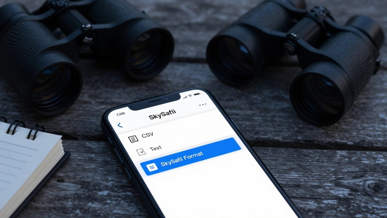 Smartphone screen showing export options for an observing list beside binoculars on a wooden table.
