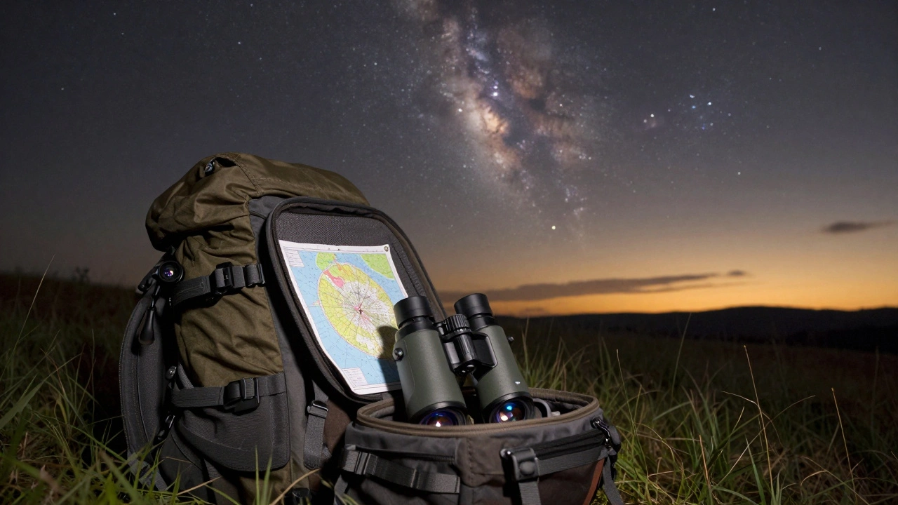 A backpack with telescope gear beside a hillside, under a faintly visible North America Nebula in the night sky.