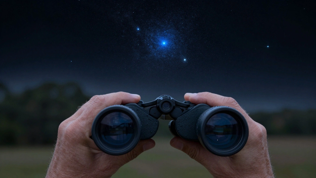 A hand holding binoculars focused on the Pleiades star cluster, with faint stars visible in the lens’s view.