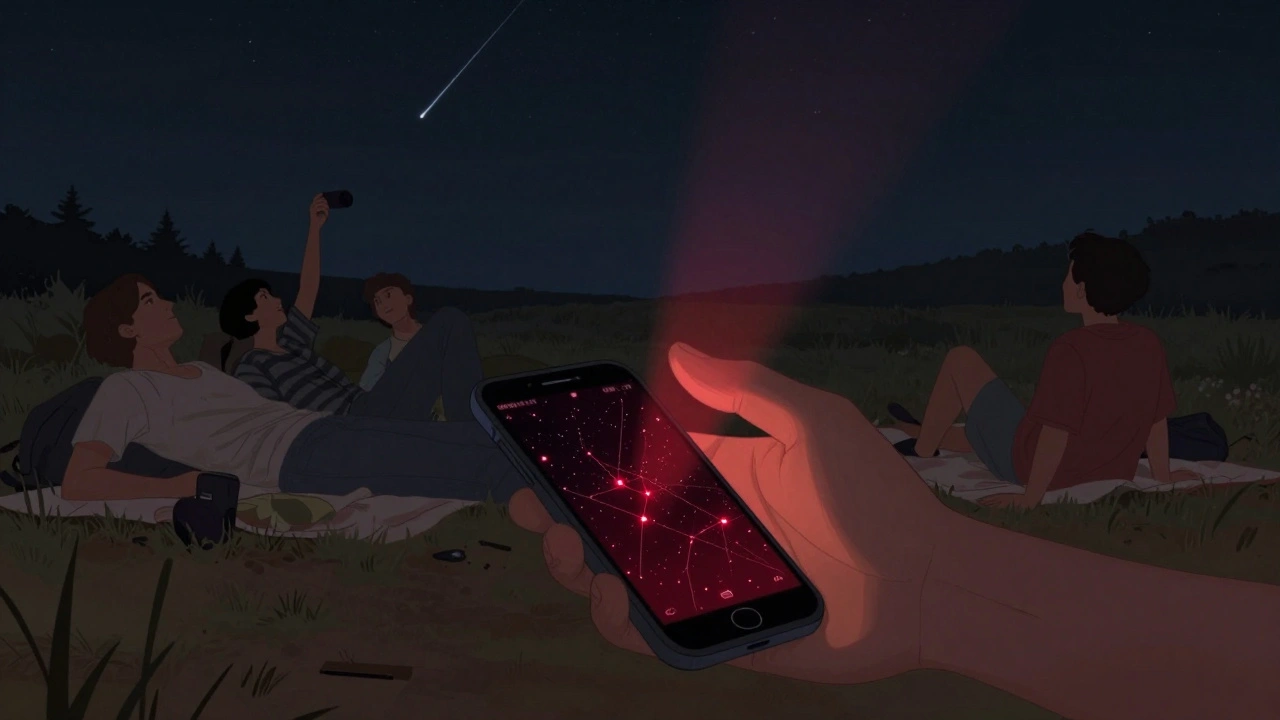 A hand shielding a smartphone screen in red mode while viewing a star map, with others observing meteors in the dark.