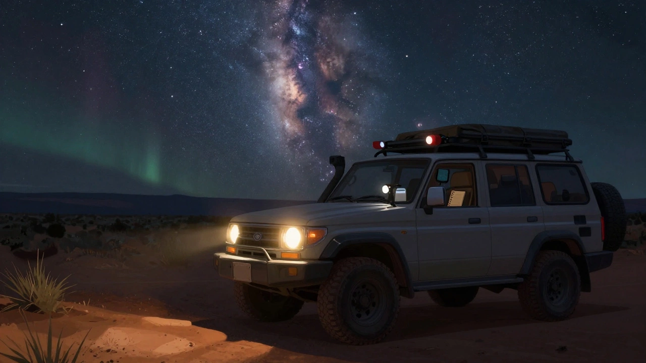 A parked SUV at a remote dark sky site with star-filled sky and stargazing gear visible inside.