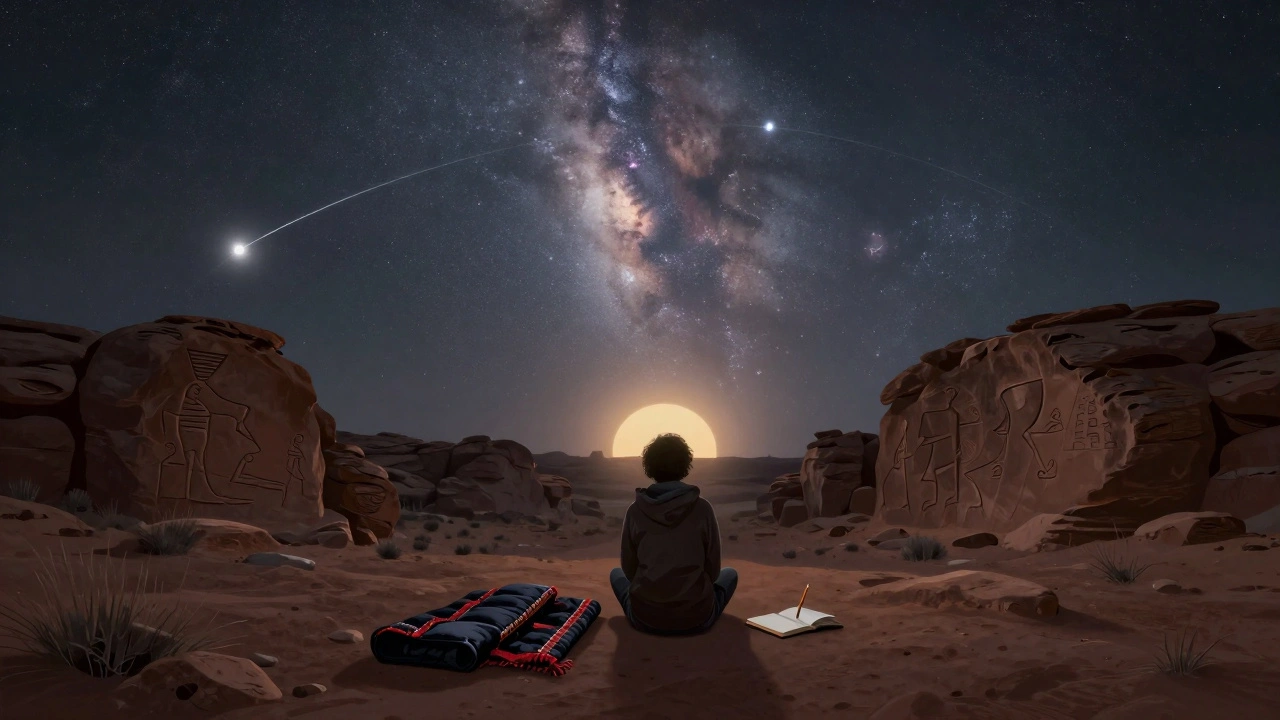 A person observing the night sky at an ancient archaeological site, with the Milky Way and Gegenschein glowing above.