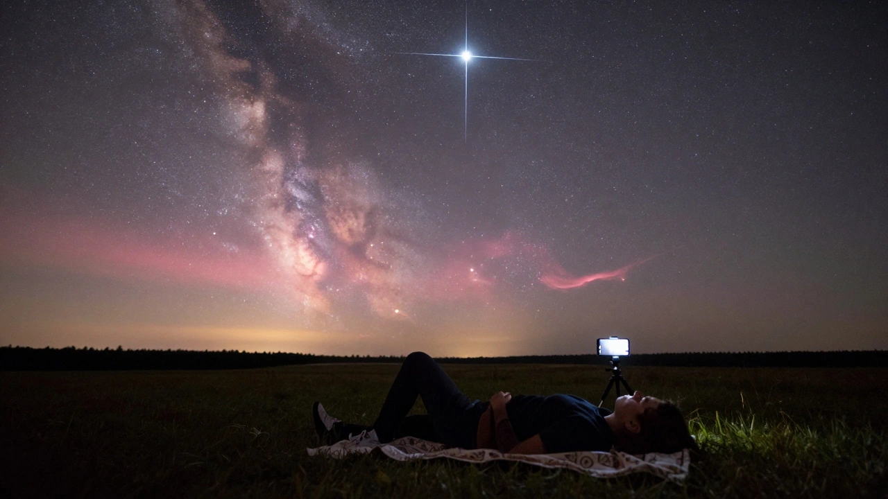 A person stargazing under Cygnus, with the North America and Veil Nebulae glowing softly in the background.