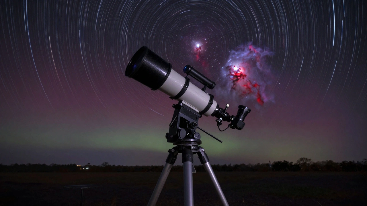 A professional astrophotography setup capturing the Orion Nebula with perfect star tracking.