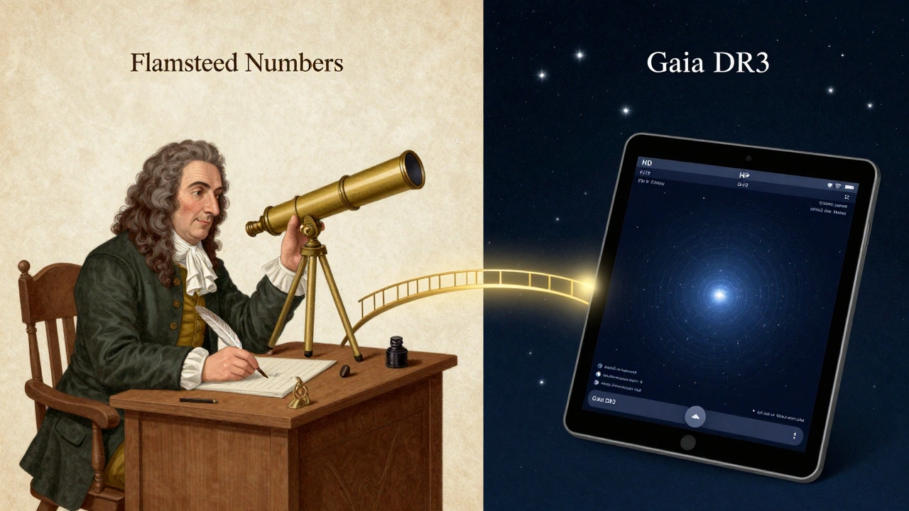 A split illustration comparing 18th-century Flamsteed star cataloging with modern digital astronomy catalogs.