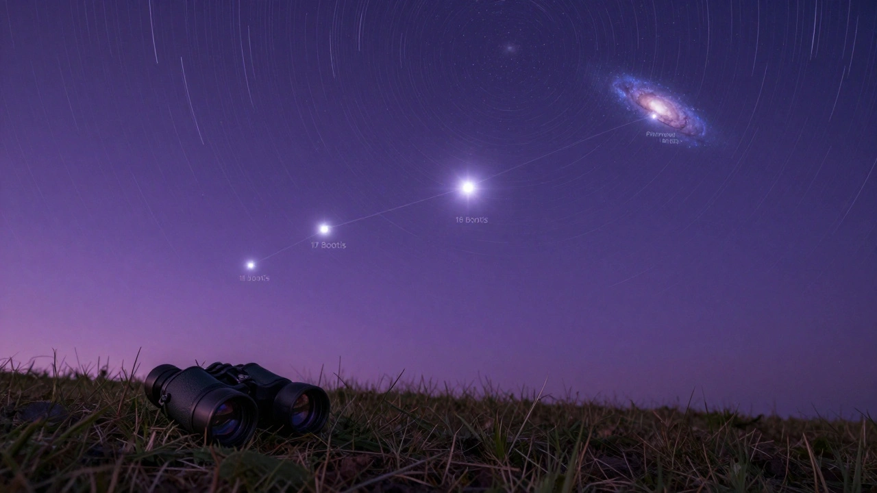 A star-hopping path through Bootes and Ursa Major, with Flamsteed-numbered stars leading to the Pinwheel Galaxy.