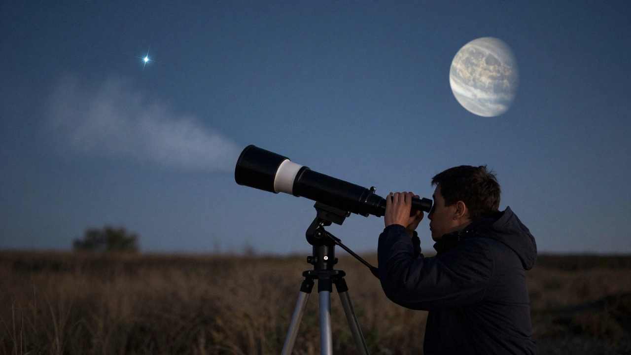 An astronomer observes through a telescope as a twinkling star contrasts with a stable planetary disk in the night sky.