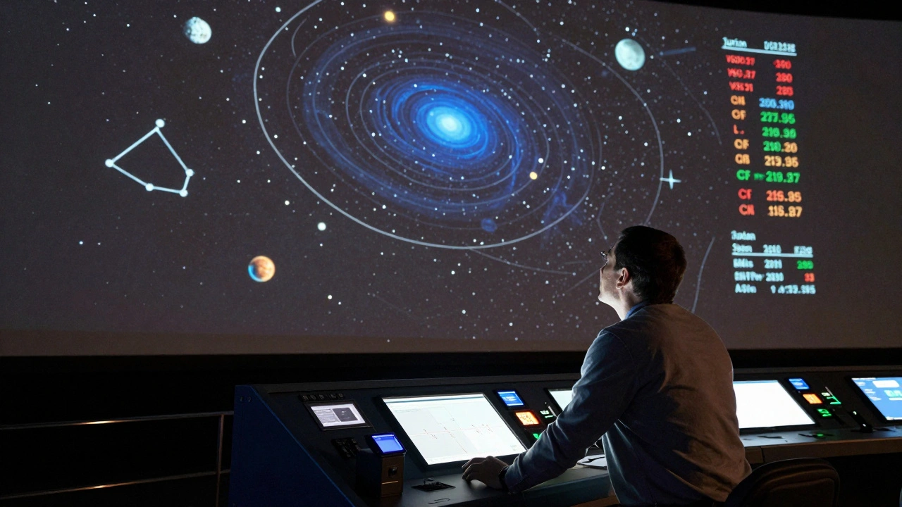 An astronomer observing a dynamic holographic sky simulation with real-time time controls and astronomical data displayed.