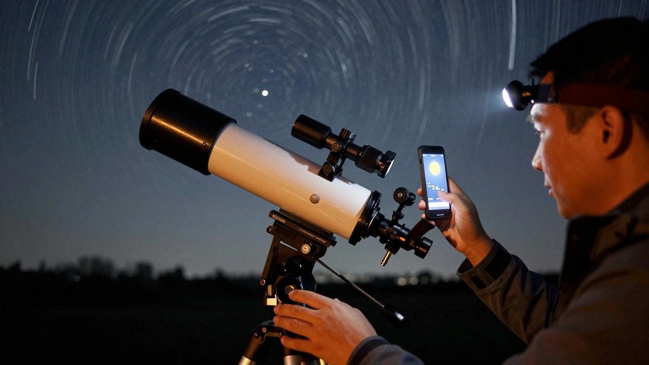 An astronomer using a smartphone app to align an equatorial mount for precise celestial tracking.