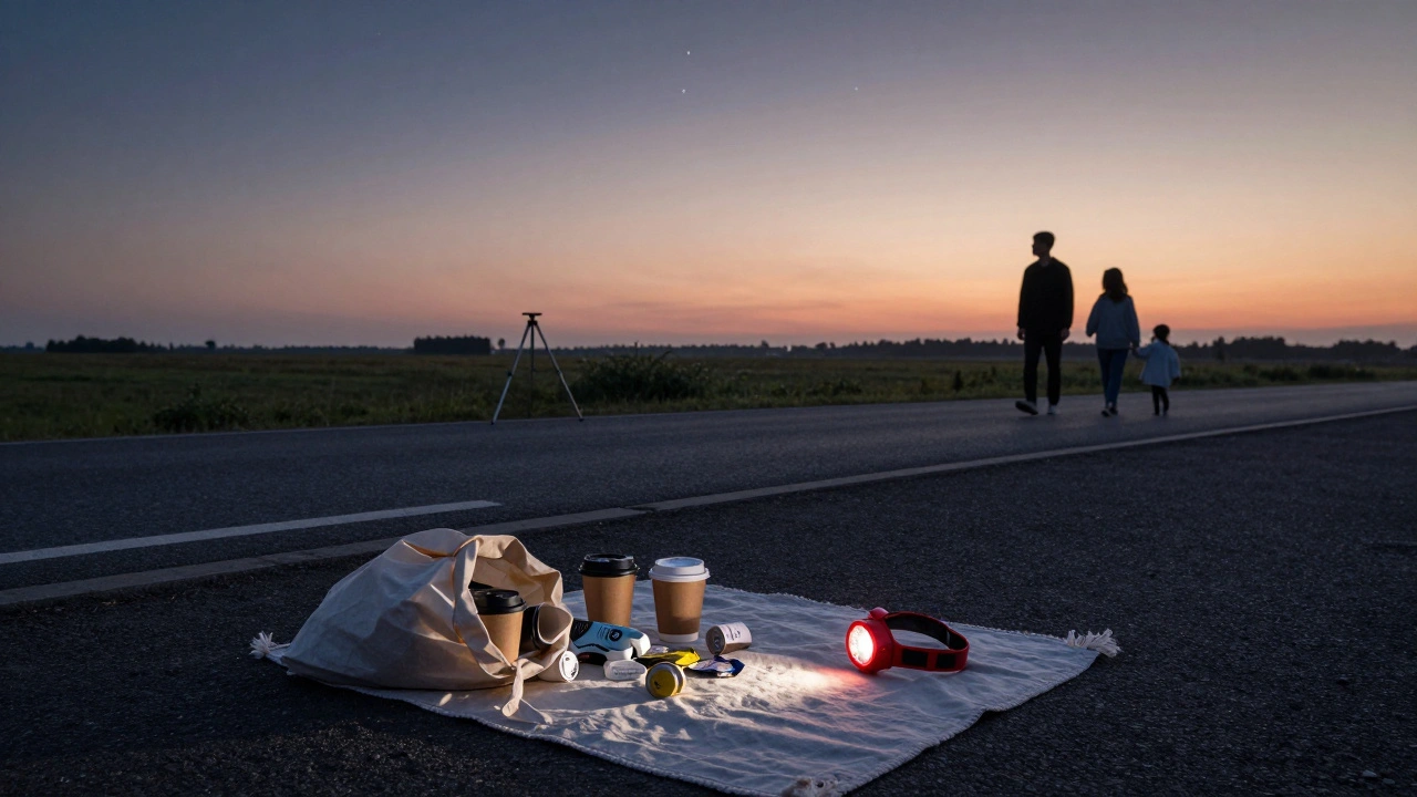 An empty meteor viewing spot at dawn, with trash collected in a bag and a low tripod at the edge of the field.