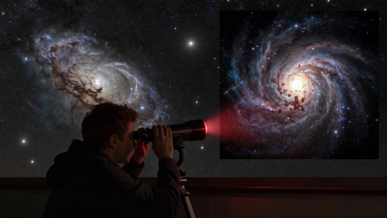 An observer at night switching telescope views, showing wide-field and high-power perspectives side by side.