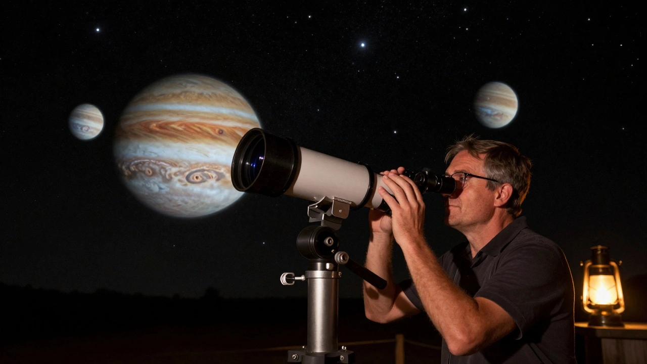 An observer enjoying a wide, sharp view of Jupiter through a premium eyepiece, wearing glasses under night sky.