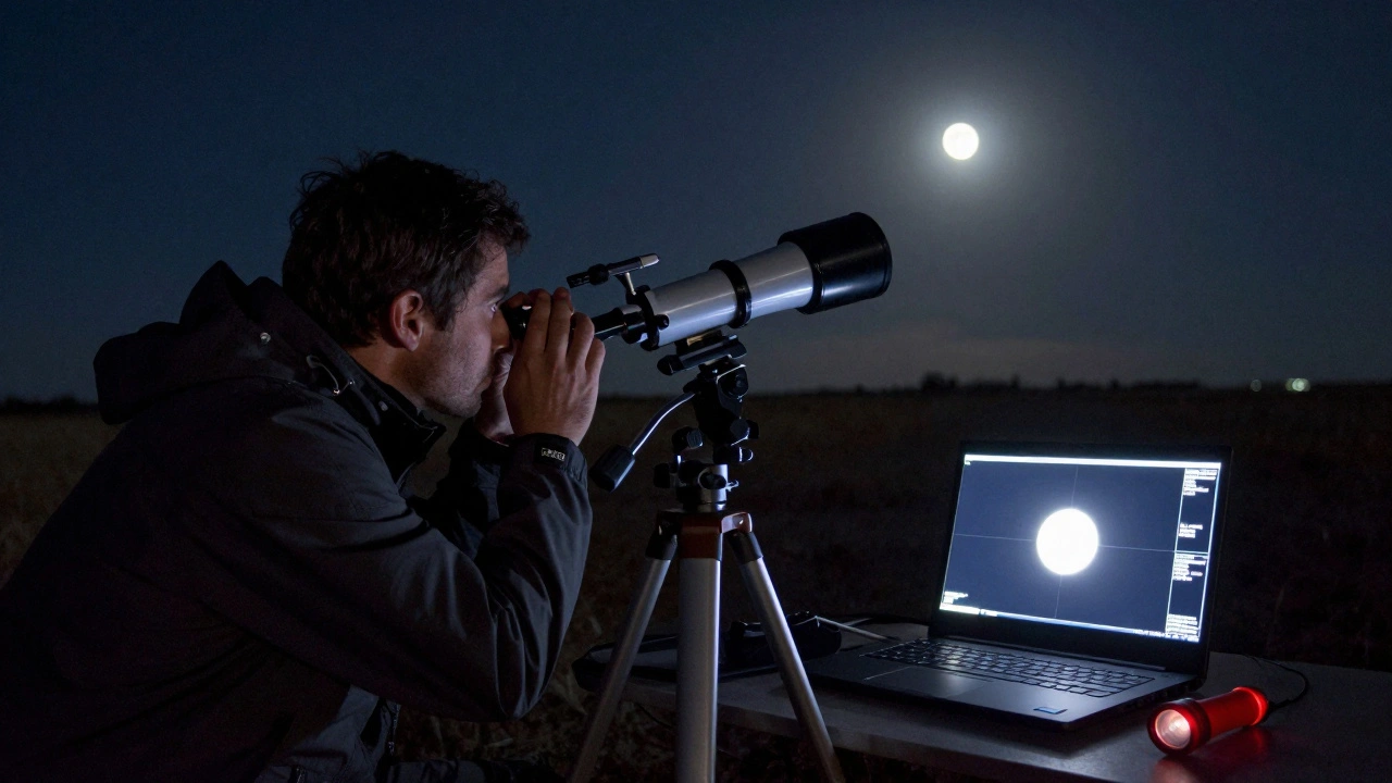 An observer using a telescope under starlight to time a lunar occultation, with a laptop recording the event.