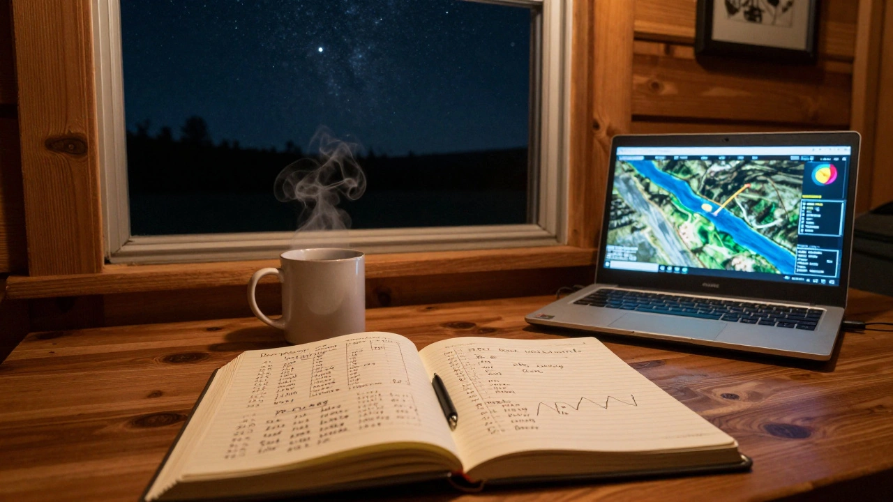 An open logbook with handwritten stargazing notes beside a laptop displaying weather maps under a starry window.