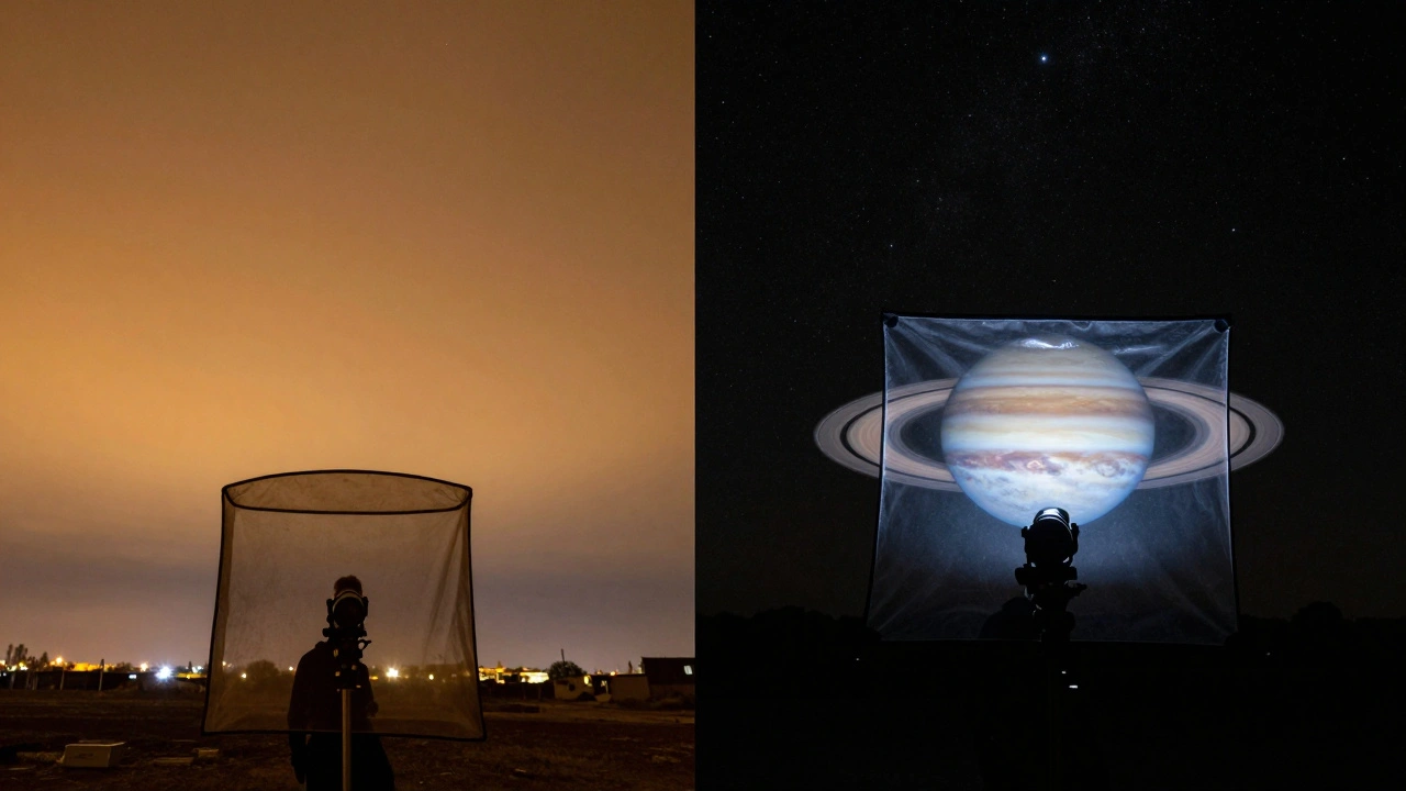 Before-and-after view of a night sky: left side polluted with orange haze, right side clear and star-filled thanks to a portable light shield.