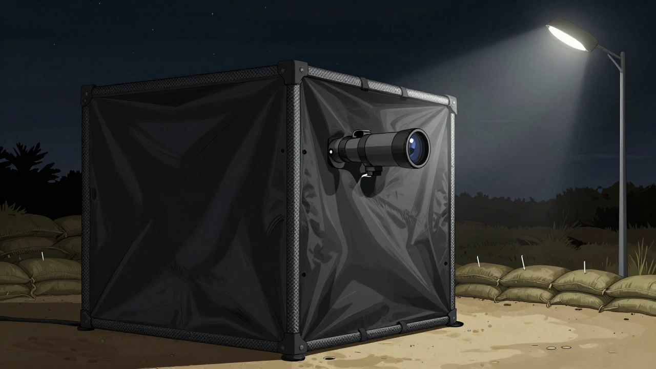 Close-up of a matte black light shield absorbing stray streetlight glow, with starlight passing unobstructed above it into a telescope.