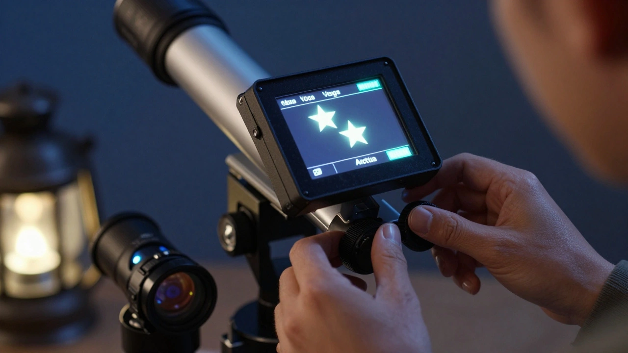 Close-up of a telescope hand controller showing two-star alignment screen with Vega and Arcturus highlighted.