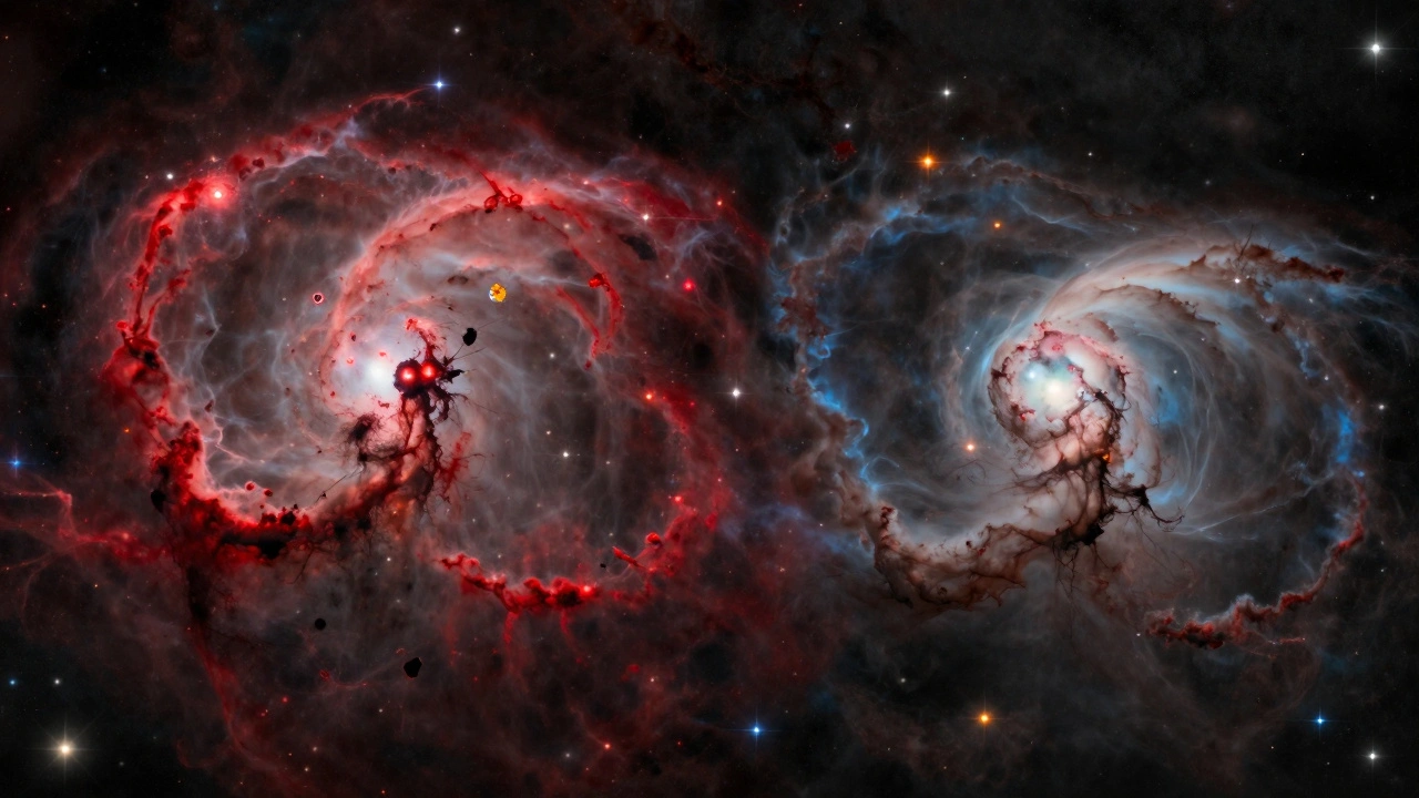 Close-up of the Lagoon and Trifid Nebulae in vivid reds and blues, surrounded by dense star fields.