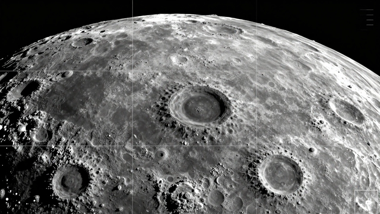 Close-up of the moon's surface showing craters, rilles, and terminator shadows with a mosaic grid overlay.