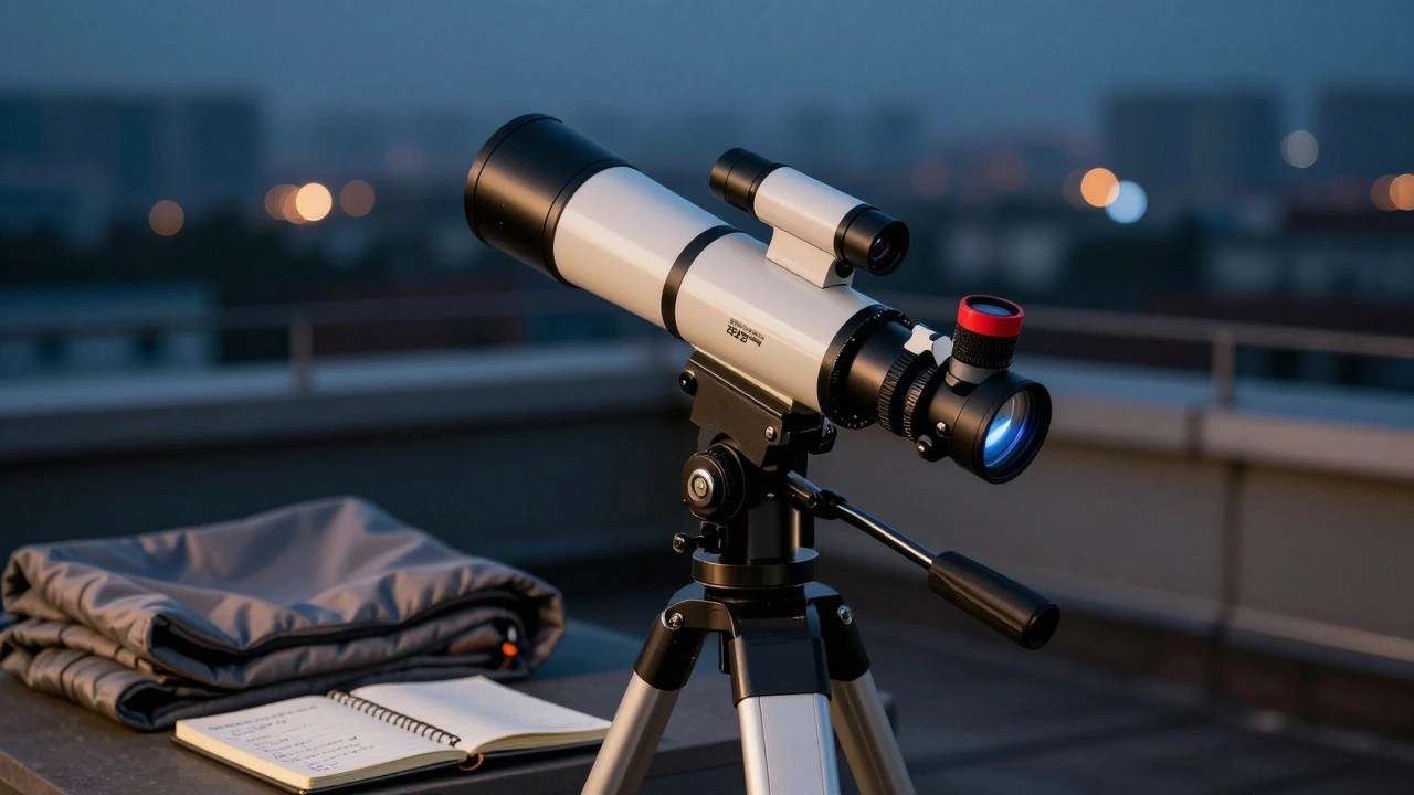 Compact telescope with red-dot finder and light pollution filter set up on a rooftop, observing Jupiter under city night skies.