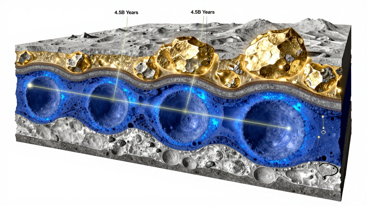 Cross-section of Moon’s layers with ancient crust, lava flows, and mantle, overlaid with glowing radiometric dating elements and impact basins.