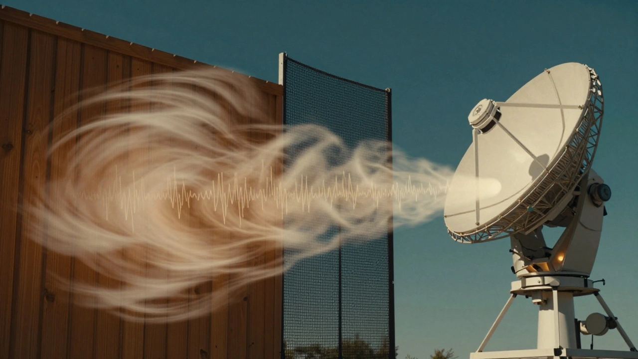 Cross-section showing turbulent wind blocked by a solid fence versus smooth airflow through a porous windbreak toward a telescope.