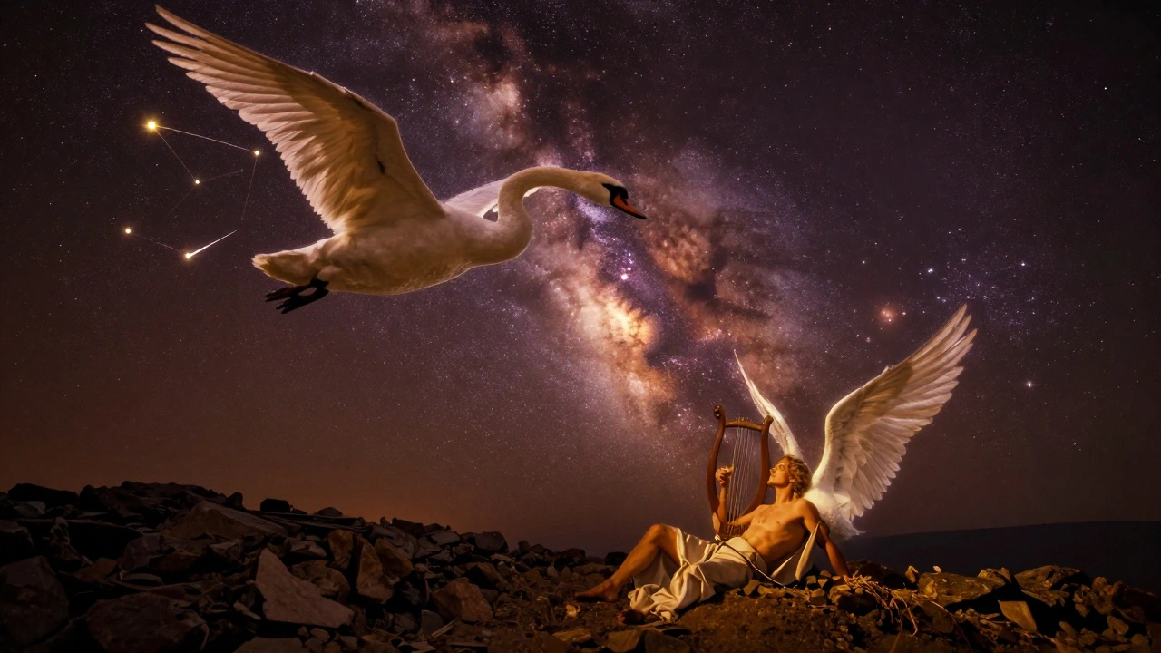 Cygnus the swan stretching across the Milky Way, with Lyra nearby, as a fallen musician's spirit ascends.