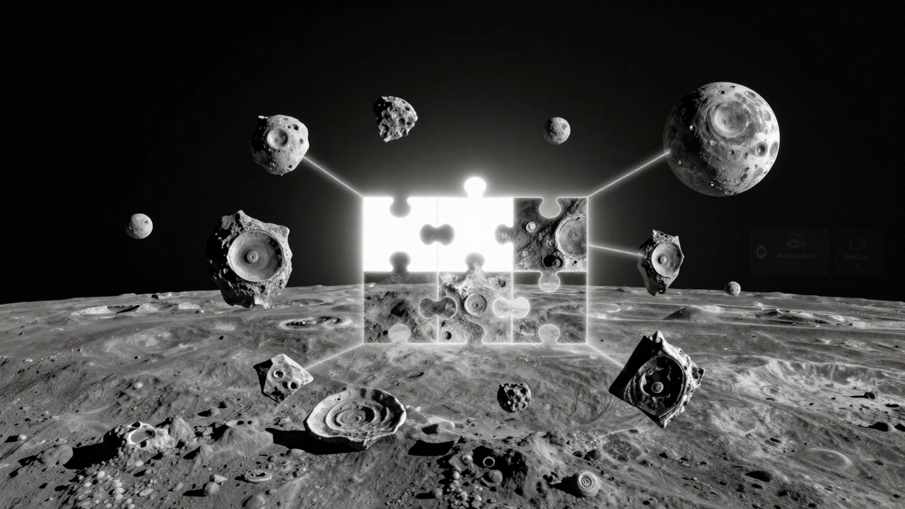 Floating lunar image fragments aligning into a complete mosaic under a glowing grid, with light trails connecting them.