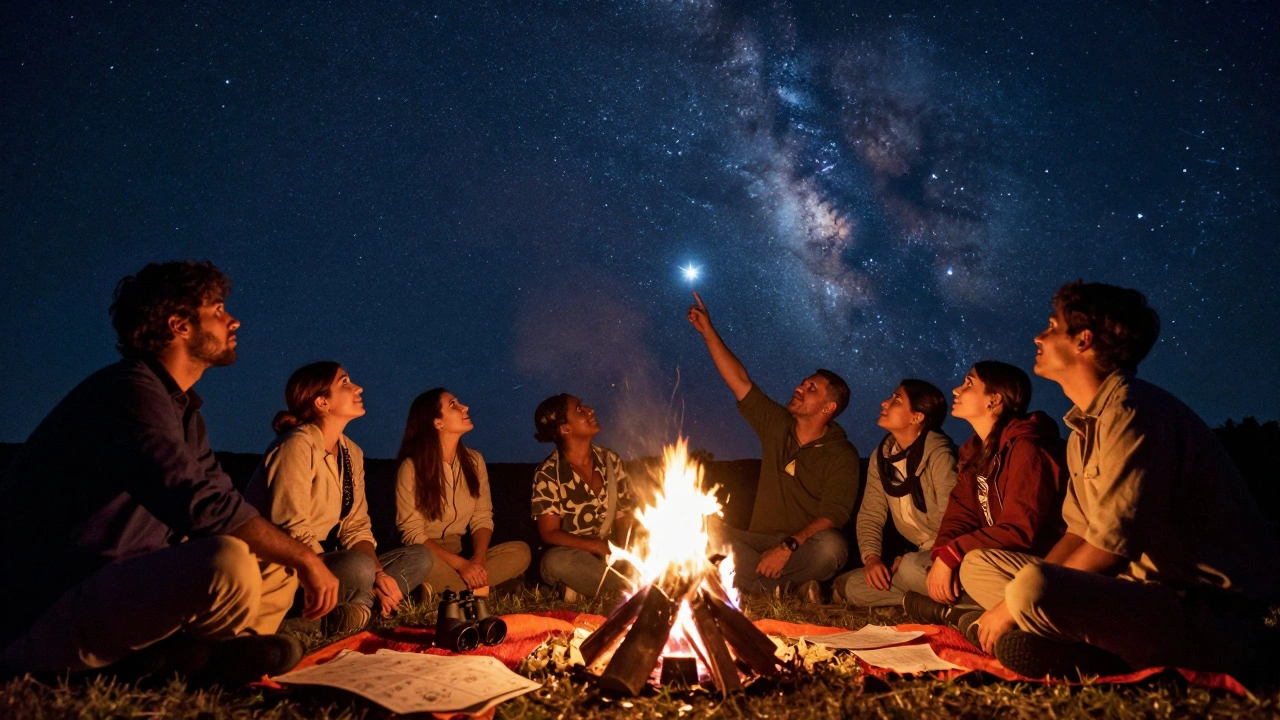 Group of stargazers at a campfire pointing toward the Southern Cross under a star-filled sky.