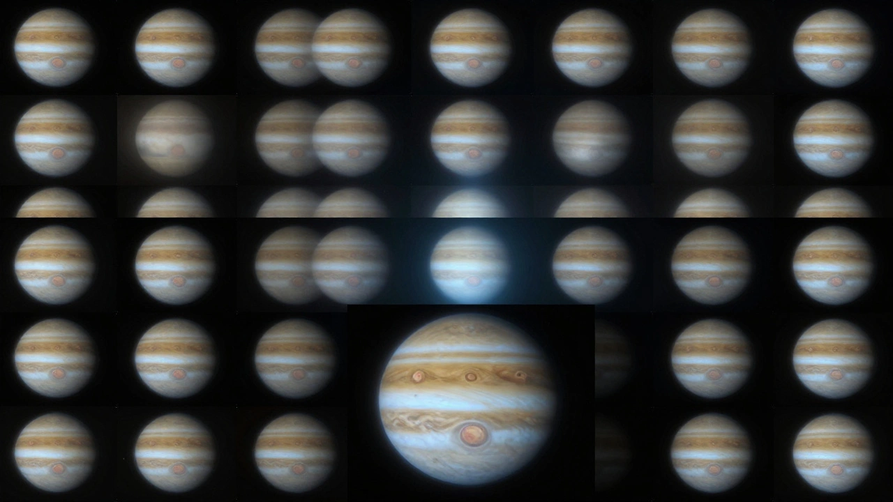 Hundreds of blurry Jupiter frames transforming into one sharp, detailed image through stacking.