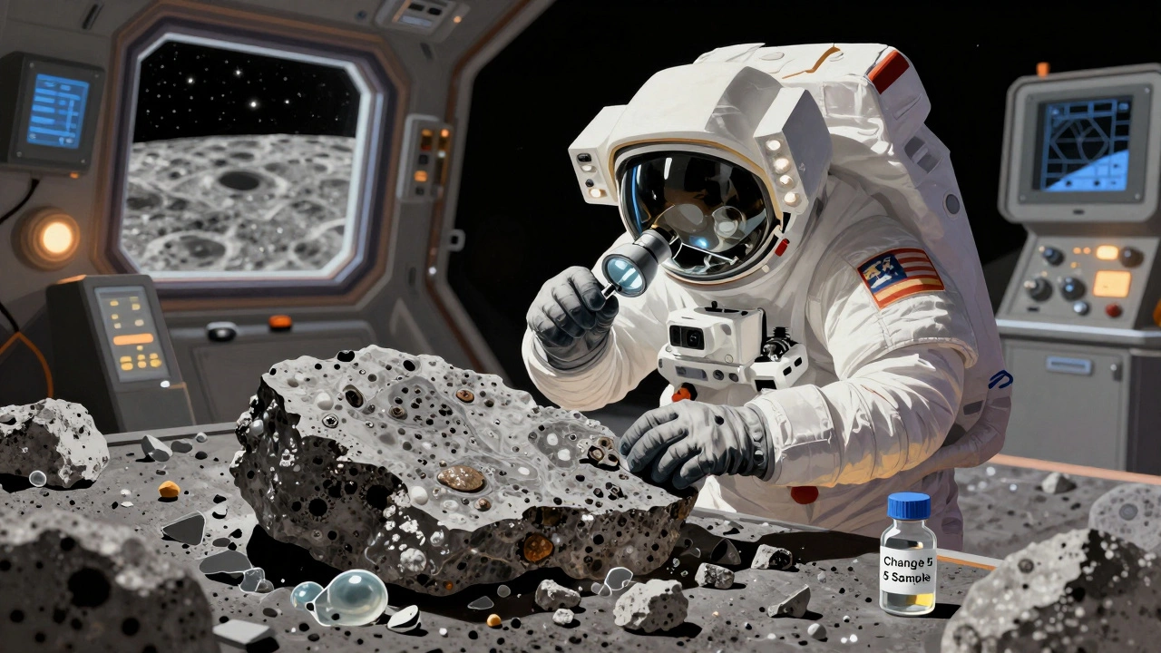 Lunar geologist in spacesuit analyzing breccia sample under magnifying lens inside lunar lab, with rock fragments and Chang’e 5 vial visible.