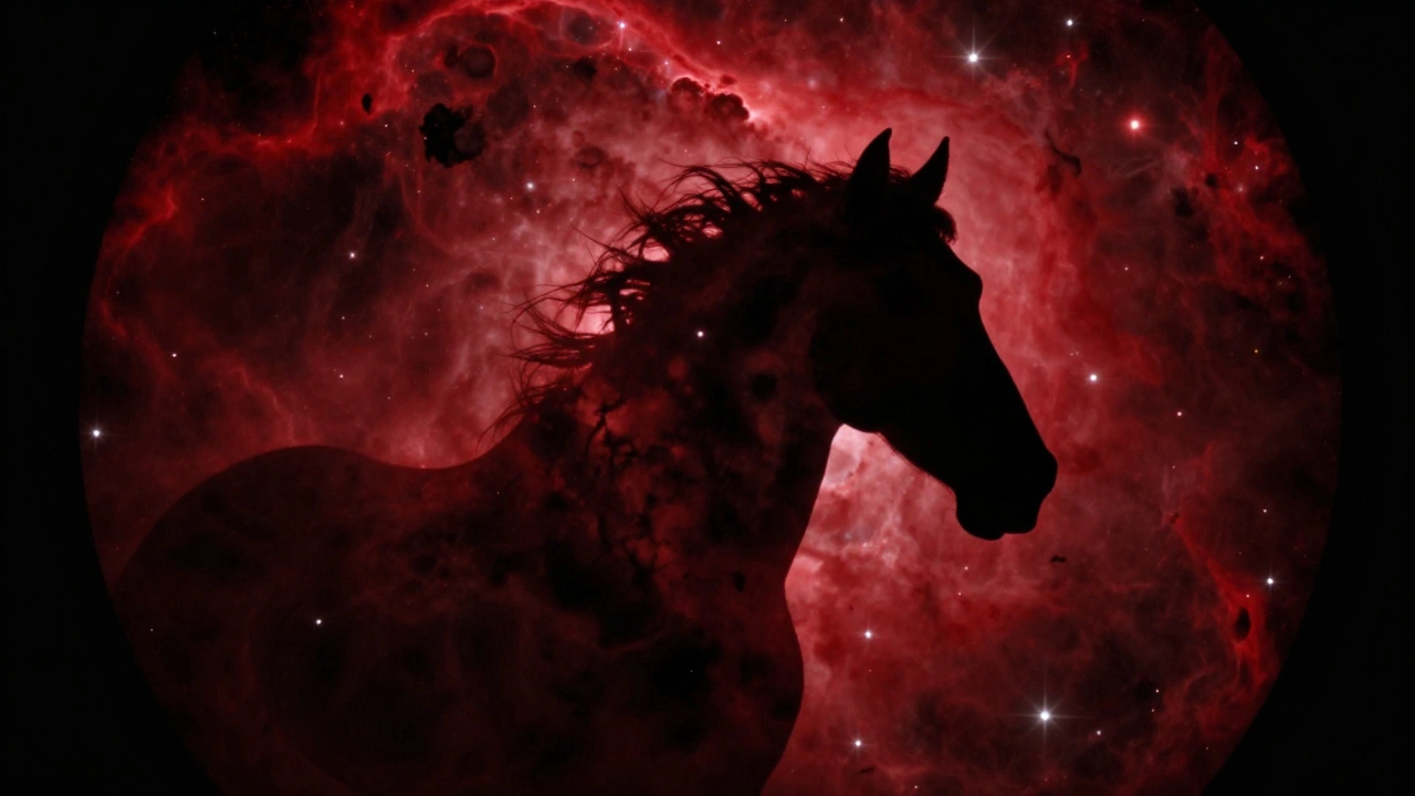 The Horsehead Nebula as a dark silhouette against a red glowing background in space.