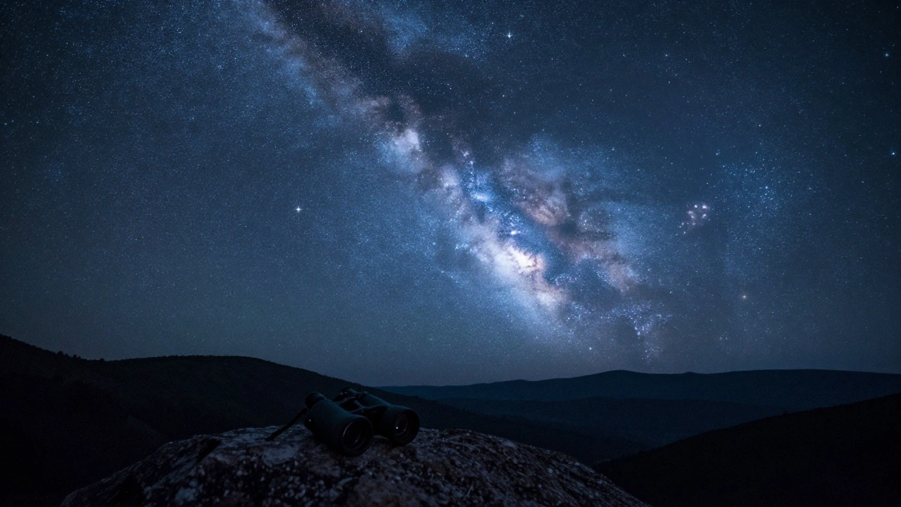 The Pleiades star cluster surrounded by faint blue dust clouds under a clear night sky.