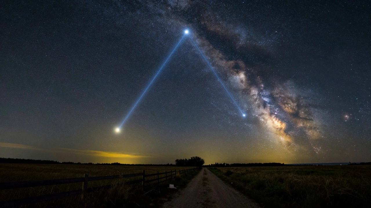 The Summer Triangle of Vega, Deneb, and Altair glowing in a summer night sky over a quiet rural field.