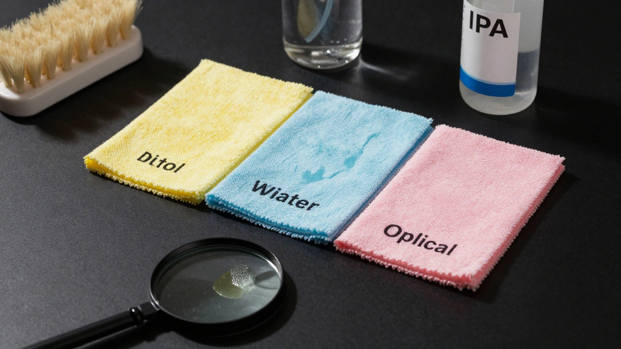 Three color-coded microfiber cloths for optical cleaning, beside a brush and IPA bottle on a dark surface.