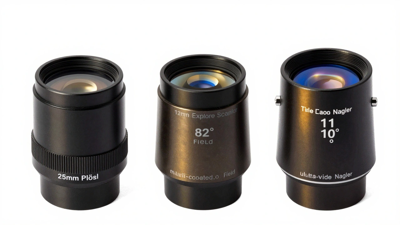 Three eyepieces side by side on a telescope, showing differences in build quality and optical performance.