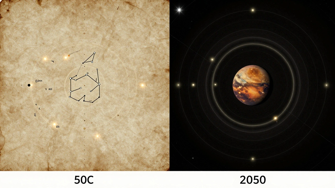 Two historical and future views of the same region of the night sky, showing how constellations and planets shift over millennia.