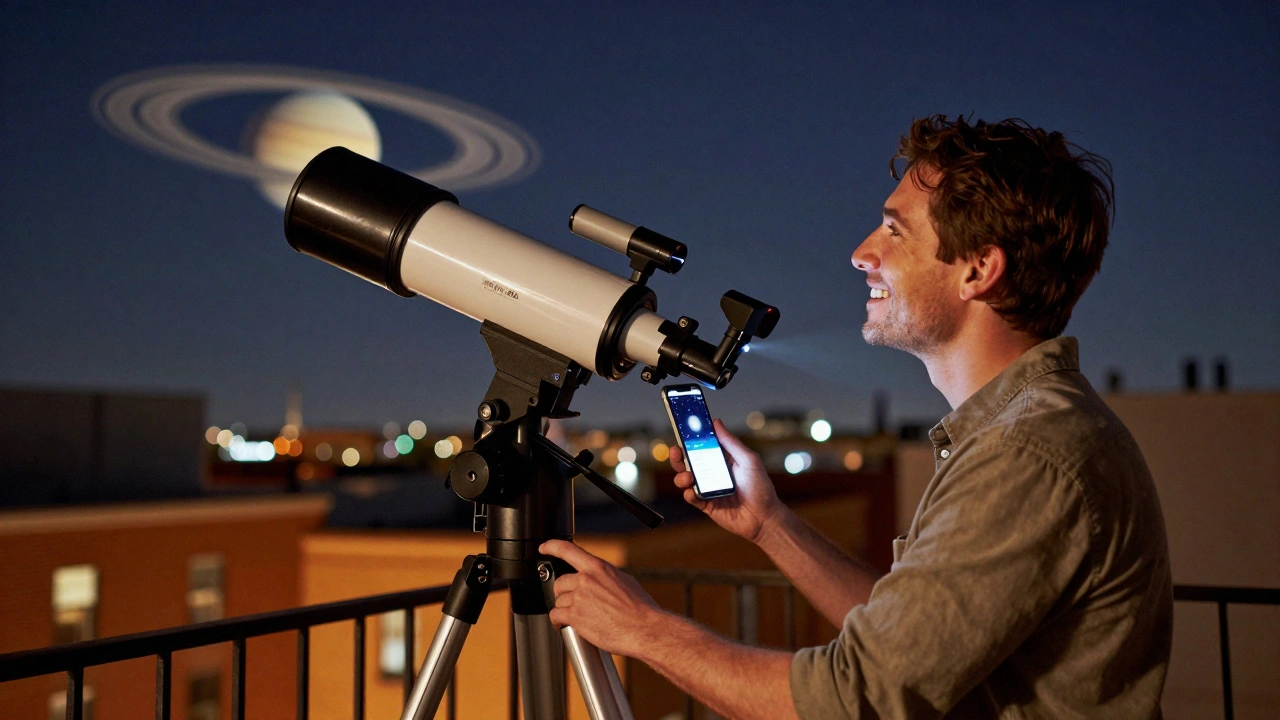 Urban observer using a GoTo telescope to view Saturn on a fire escape, smartphone app visible, light pollution filter in use.