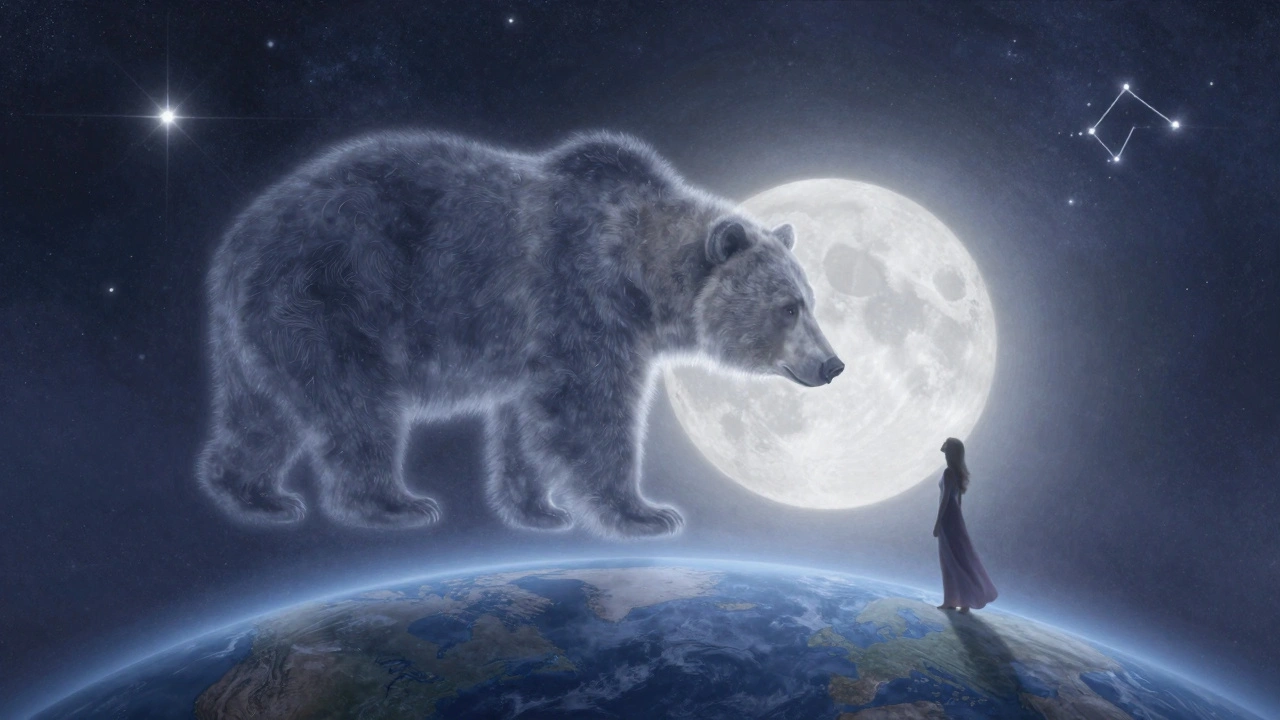 Ursa Major circling the North Star, shaped like a bear, with soft moonlight illuminating the celestial scene.