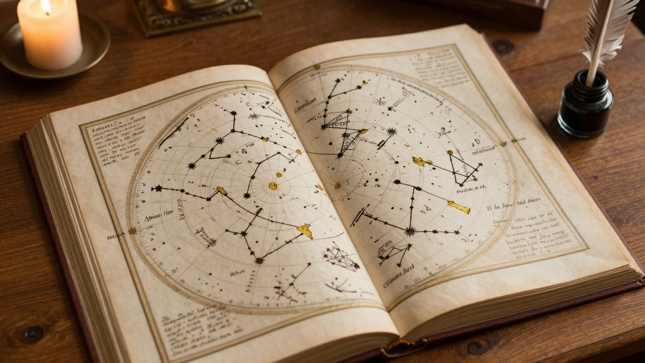 Vintage 17th-century star atlas with Johann Bayer's handwritten annotations on constellations in sepia ink.