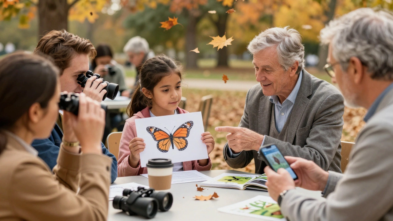A community Data Day event in a park where volunteers learn bird identification from a friendly expert with binoculars and sketches.